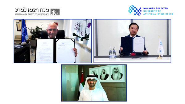 H.E. Dr. Sultan Ahmed Al Jaber, UAE Minister of Industry and Advanced Technology and Chairman of the MBZUAI Board of Trustees, Professor Eric Xing, President of MBZUAI, and Professor Alon Chen, President of Weizmann Institute of Science. H.E. Dr. Sultan Ahmed Al Jaber, UAE Minister of Industry and Advanced Technology and Chairman of the MBZUAI Board of Trustees, Professor Eric Xing, President of MBZUAI, and Professor Alon Chen, President of Weizmann Institute of Science.
